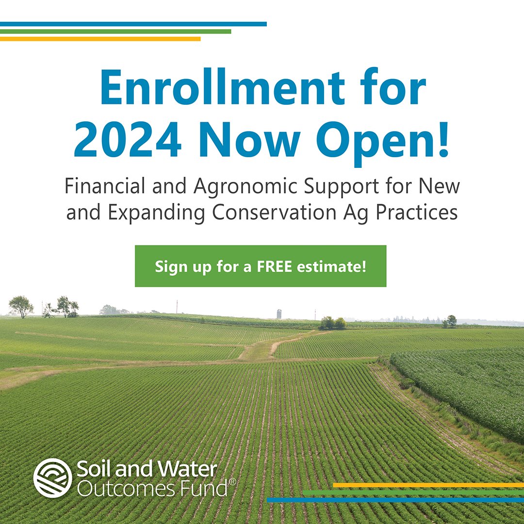 Soil and Water Outcomes Fund (@outcomesfund) on Twitter photo BREAKING: <a href="/OutcomesFund/">Soil and Water Outcomes Fund</a> enrollment for 2024 is now open! Improve your #soilhealth and earn $$ for environmental outcomes produced from new on-farm conservation practices like #reducedtillage & #covercrops. Sign up for a free estimate today at theoutcomesfund.com.
#agtwitter BREAKING: <a href="/OutcomesFund/">Soil and Water Outcomes Fund</a> enrollment for 2024 is now open! Improve your #soilhealth and earn $$ for environmental outcomes produced from new on-farm conservation practices like #reducedtillage & #covercrops. Sign up for a free estimate today at theoutcomesfund.com.
#agtwitter