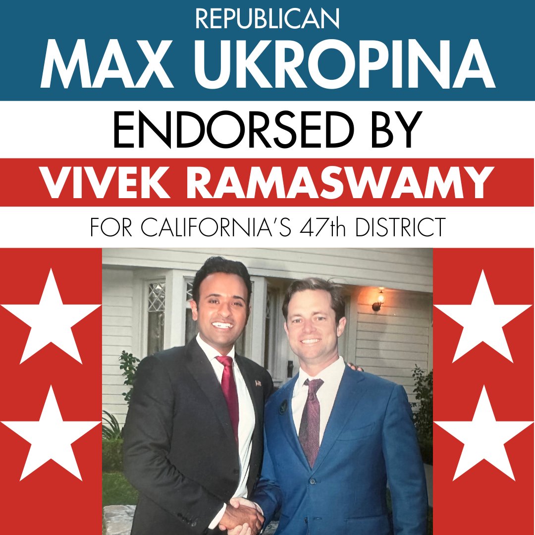 🇺🇸🇺🇸 NEWS: Former presidential candidate and America First leader @VivekGRamaswamy endorses @MaxUkropina for #CA47!
 
'Max Ukropina is a dedicated America First patriot and a bold leader ... we need more fighters like Max in Washington if we’re going to turn our country around!'