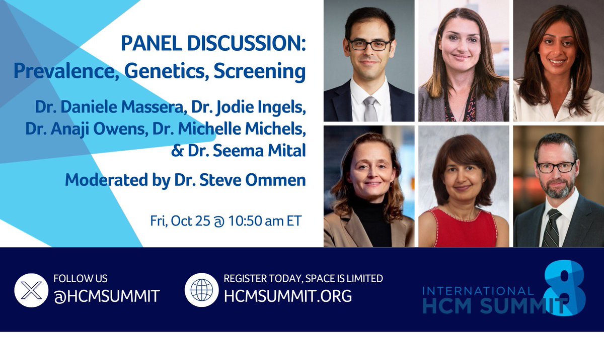 The agenda for #HCMSummit8 features more panel discussions than ever before. Explore 'Prevalence, Genetics, Screening' w/ experts @danmassera, @jodieingles27, @tikuowens, #MichelleMichels & @seema_mital, moderated by @steveommen. #hcm #hypertrophiccardiomyopathy #cardiotwitter