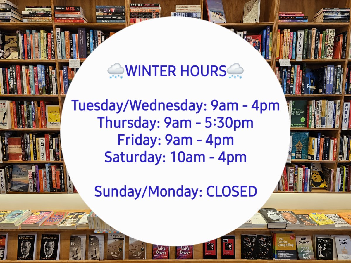 Peep our new WINTER HOURS 🌨❄️☃️ We're now going to be CLOSED on a Sunday/Monday. Fret not, we're always open 24/7 via our website for all your booky wants and needs. 
TUES/WEDS: 9am - 4pm
THURS: 9am - 5:30pm
FRI: 9am - 4pm
SAT: 10am - 4pm
SUN/MON: CLOSED