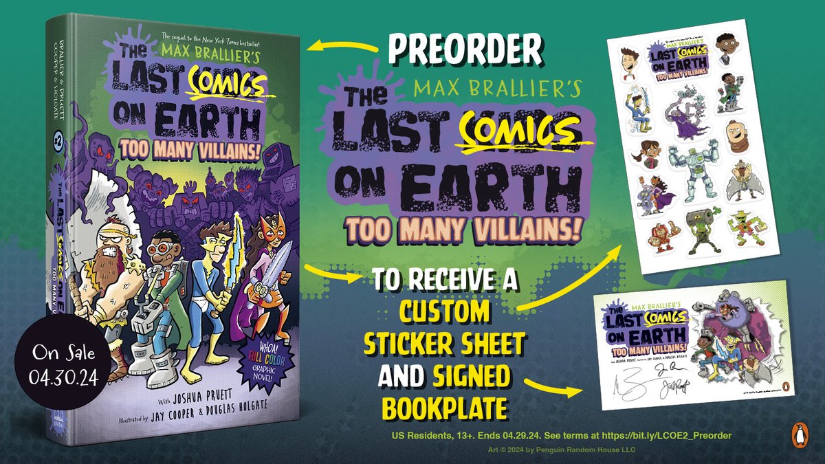 FOLKS, CHECK IT OUT! Preorder your copy of THE LAST COMICS ON EARTH: TOO MANY VILLAINS and submit your receipt by 4/29/24 and you’ll receive a custom sticker sheet and a signed bookplate from the Last Comics team (yup, including me)! Learn more: bit.ly/LCOE2_Preorder