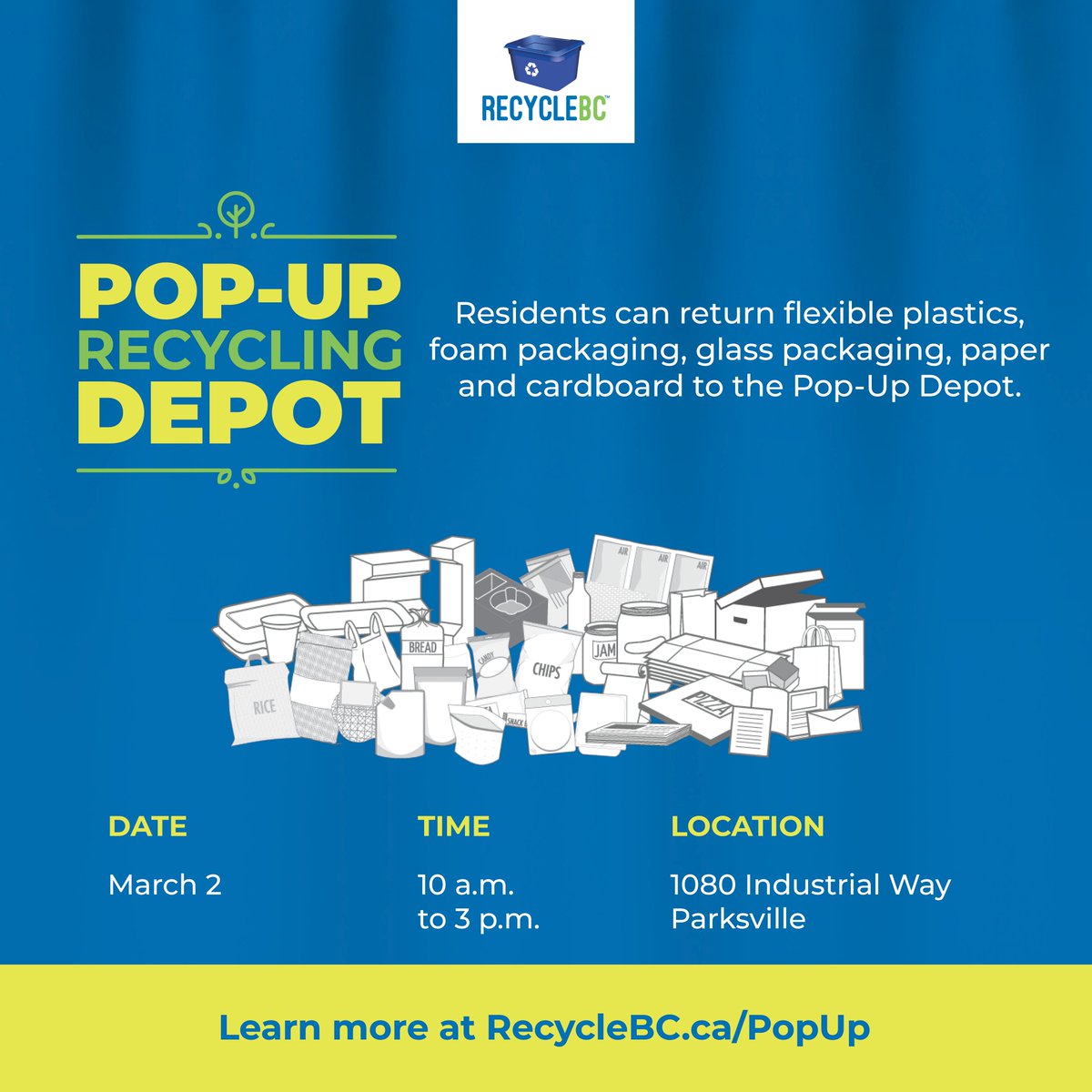 Residents of #Parksville BC: The Recycle BC Pop-Up Depot is this Saturday, March 2, from 10am-3pm at 1080 Industrial Way. See accepted materials and the 2024 schedule at RecycleBC.ca/PopUp. Provided in partnership with the Parksville Community Centre Society #RecycleBC