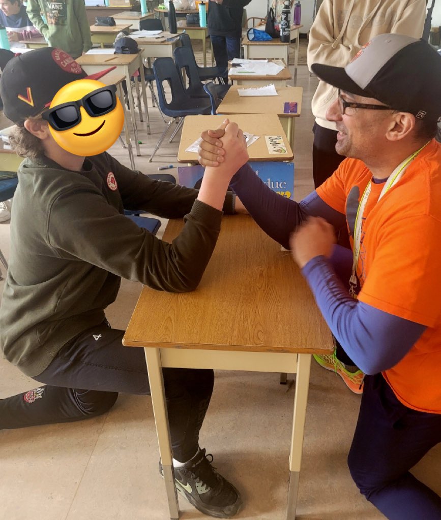 I was challenged by a Gr 7 student to an arm wrestling match and I couldn’t decline 😂💪🏽 #HappyFriday @HeightsSeymour @NVSD44