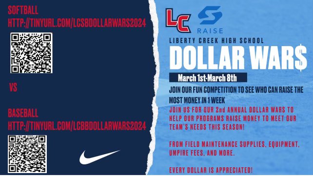 Liberty Creek High School Baseball (@lcpackbsb) on Twitter photo Ok- letโs do it again. Dollar wars has officially kicked off vs <a href="/LibertyCreekSB/">Liberty Creek Softball</a>! Help our guys not have to wear softball unis to school this year!
raise.snap.app/donors/libertyโฆ Ok- letโs do it again. Dollar wars has officially kicked off vs <a href="/LibertyCreekSB/">Liberty Creek Softball</a>! Help our guys not have to wear softball unis to school this year!
raise.snap.app/donors/libertyโฆ