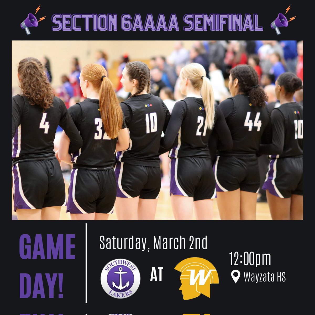 🚨 GAME DAY 🚨 Section semifinal game  at Wayzata! 
🏀  Saturday March 2nd 12:00pm 🏀
After a hard fought 💪🙌 win on Wednesday, the SW Women's Basketball Team advances to the semifinal round of the section tournament this Saturday! 

#letsgolakers #lakernation #golakers⚓️ 💜🤍