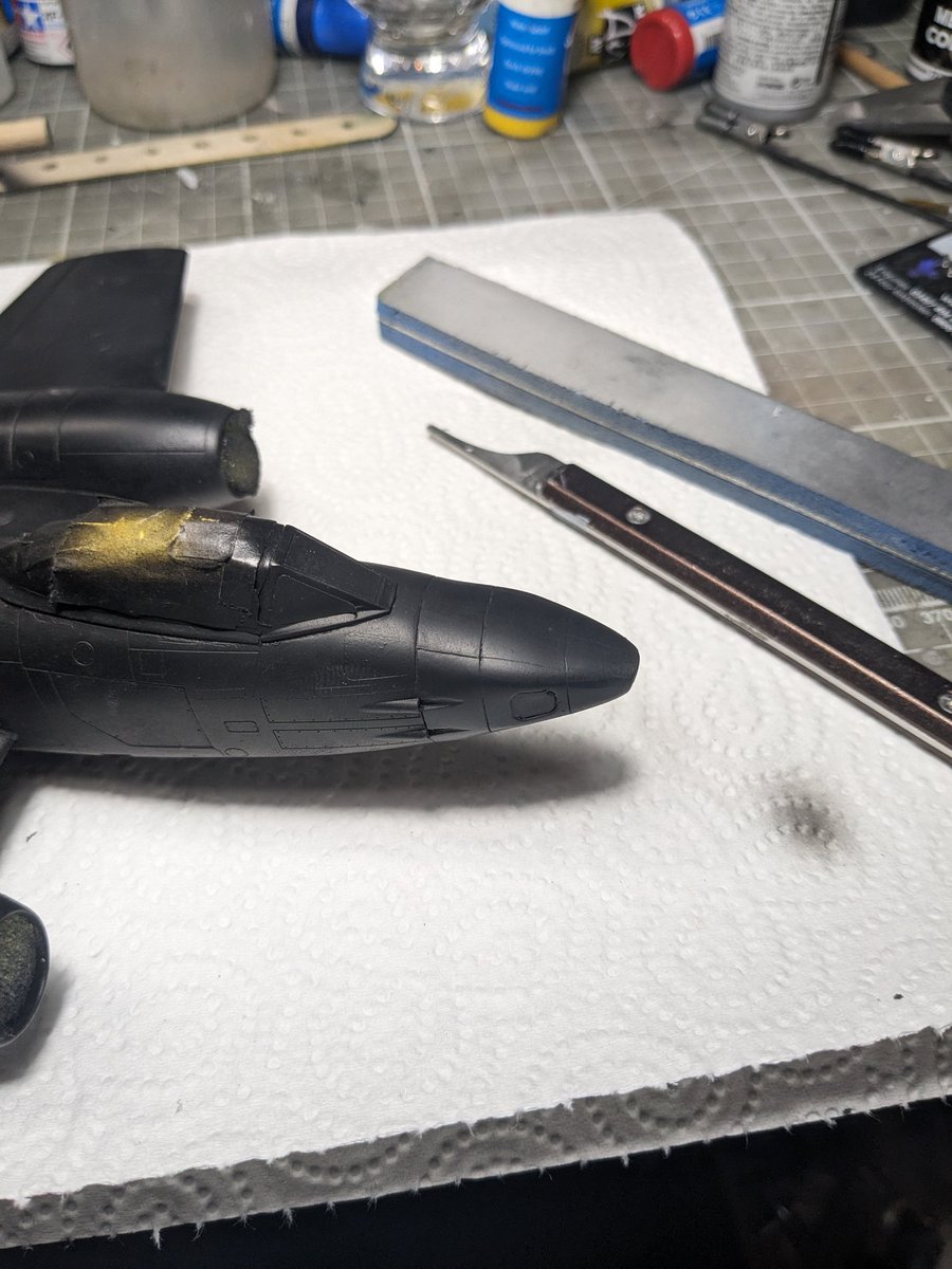 slowmademodels's tweet photo. While not strictly #JFFLetterM as I started this before the start date it is a #JFFJET original. I think the Gloster Meteor is now ready for paint. There are a few blemishes on the nose, but a blast of Mr Surfacer should sort that out! https://t.co/L7HV2w3bS1