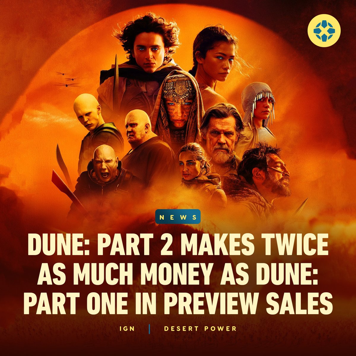 IGN's tweet image. Dune: Part Two is storming the box office already with over $12 million in previews, double the amount Dune saw in 2021.

Here's how to watch the epic sequel this weekend: bit.ly/42W0A7b