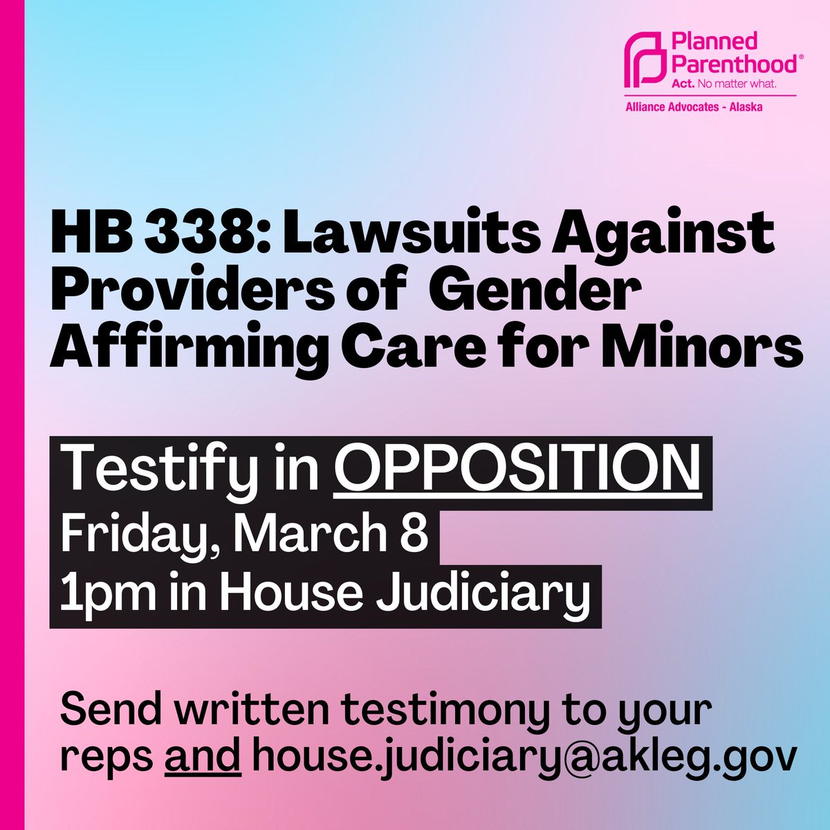 Rep. Jamie Allard and <a href="/RepVance/">Rep. Sarah Vance</a> are wasting Alaskans' time (again!) by taking public testimony on a bill that would threaten medical providers of gender affirming care for minors with lawsuits, driving professionals away from providing this lifesaving care in Alaska. #akleg