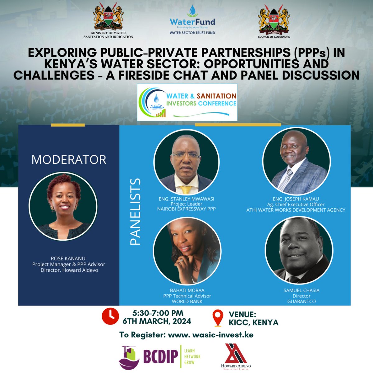 BCDIP fireside chat panel conversation will explore opportunities and challenges in water PPPs.

Save the date 💫

 Wednesday, 6th March
5:30-7:00pm
Venue: KICC
<a href="/wstf_ke/">WaterFund</a>

To register: register.wasic-invest.ke/e/14
