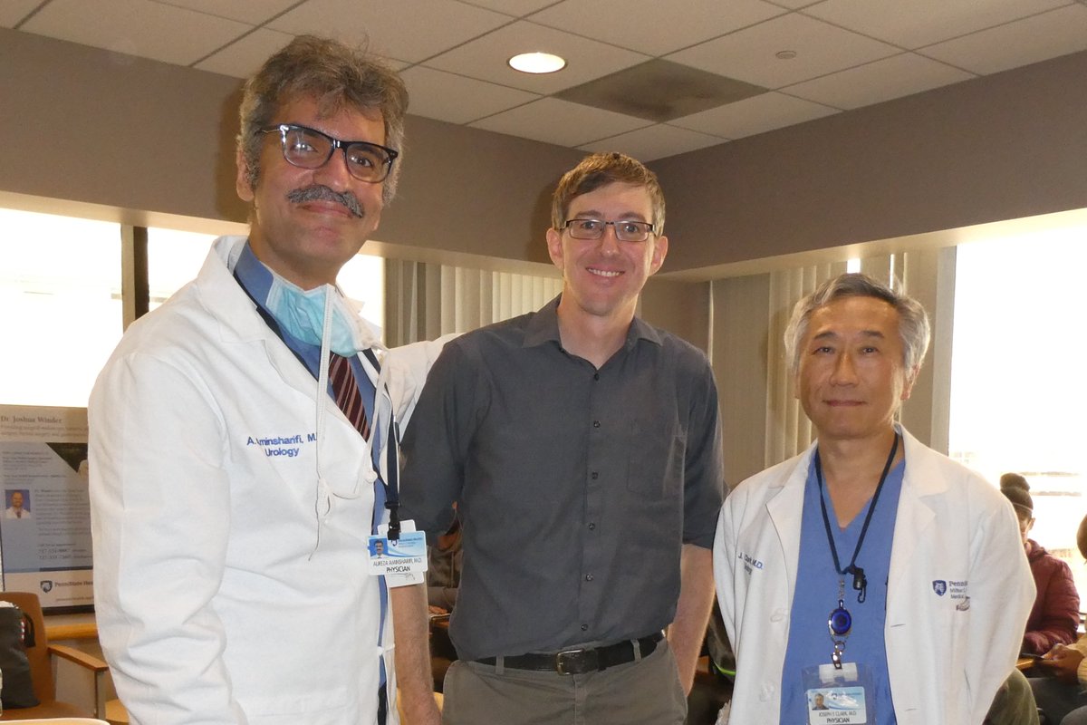 Yesterday b/w a busy AM & PM clinic @PSH_Urology, @aminsharifi_ar and I met Dr. Zachary Moore (center) - he's a PhD @PSUMechEng who we are collaborating w/ on separate research projects. We thank him for making the long drive from University Park to Hershey Medical Center!