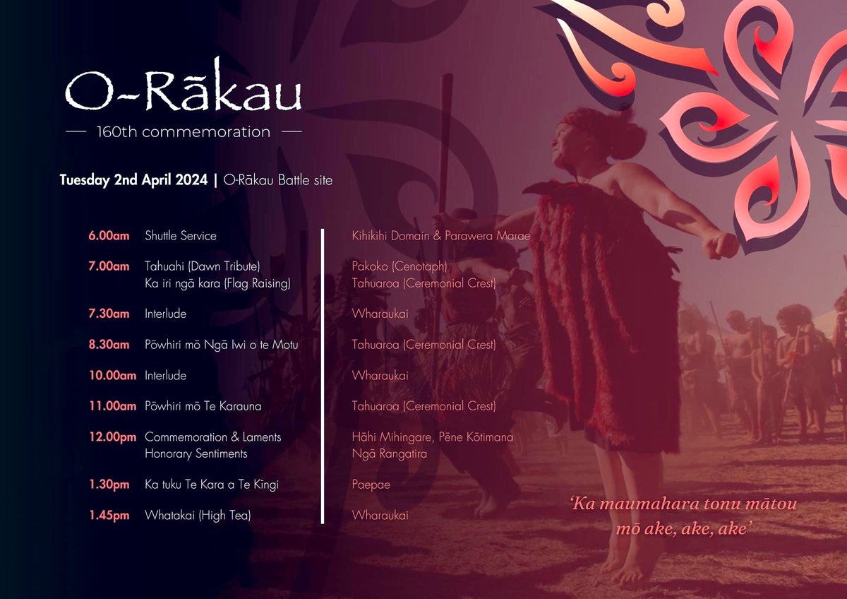 PĀNUI I 160th Anniversary of the Battle of #ORākau, a pivotal moment in our history.

To attend this event, please register via this link: orakau300.com/rsvp 
Registrations close on Sunday 31st March 2024.

#ORākau160 #Raukawa #Maniapoto #Waikato <a href="/TeNehenehenui/">Te Nehenehenui</a>