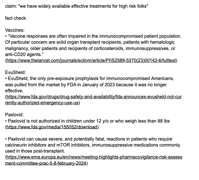 Let's fact check Jha's claim that there are 'widely available' and 'effective' treatments for 'high risk folks'

Vaccines provide insufficient protection for many immunocompromised Americans, and EvuSheld is not available anymore. 🧵