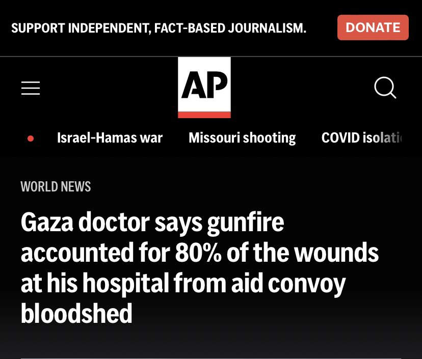 Aquí lo cuenta también a la agencia Associated Press: “Doctor Salha, acting director of Al Awda hospital, says gunfire accounted for 80% of the wounds at his hospital from aid convoy bloodshed 142 wounded brought to the facility had gunshot wounds” ➡️apnews.com/article/israel…