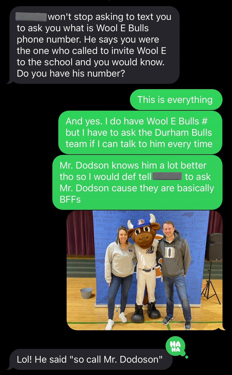 Hey @WoolEBull , from the looks of it, you and the @DurhamBulls were a big hit with our @NHVoyagers today! Thanks again! BTW, You can trust me. I won’t pass out your phone number to just anyone 🐮😉📱