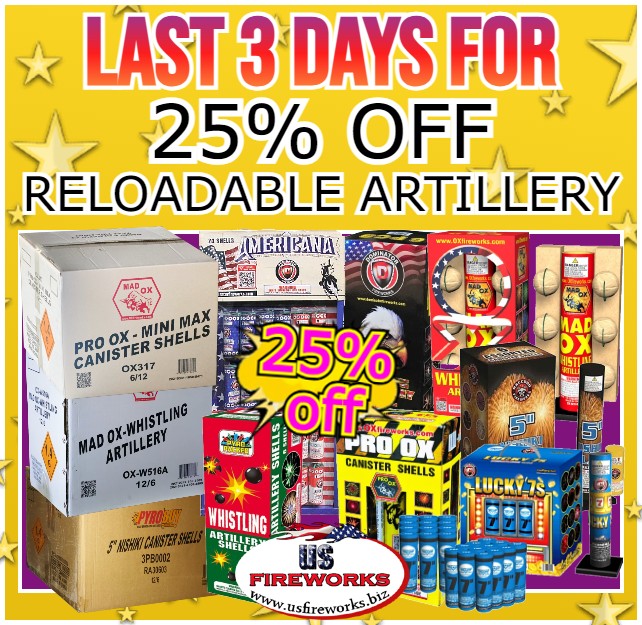 usfireworks's tweet image. Last 3 days to grab 25% off Reloadable Artillery shells.
This special ends on March 4th, 2024.

usfireworks.biz/category/reloa…

#fireworksspecial #reloadableartillery #25percentoff #fireworksdiscount