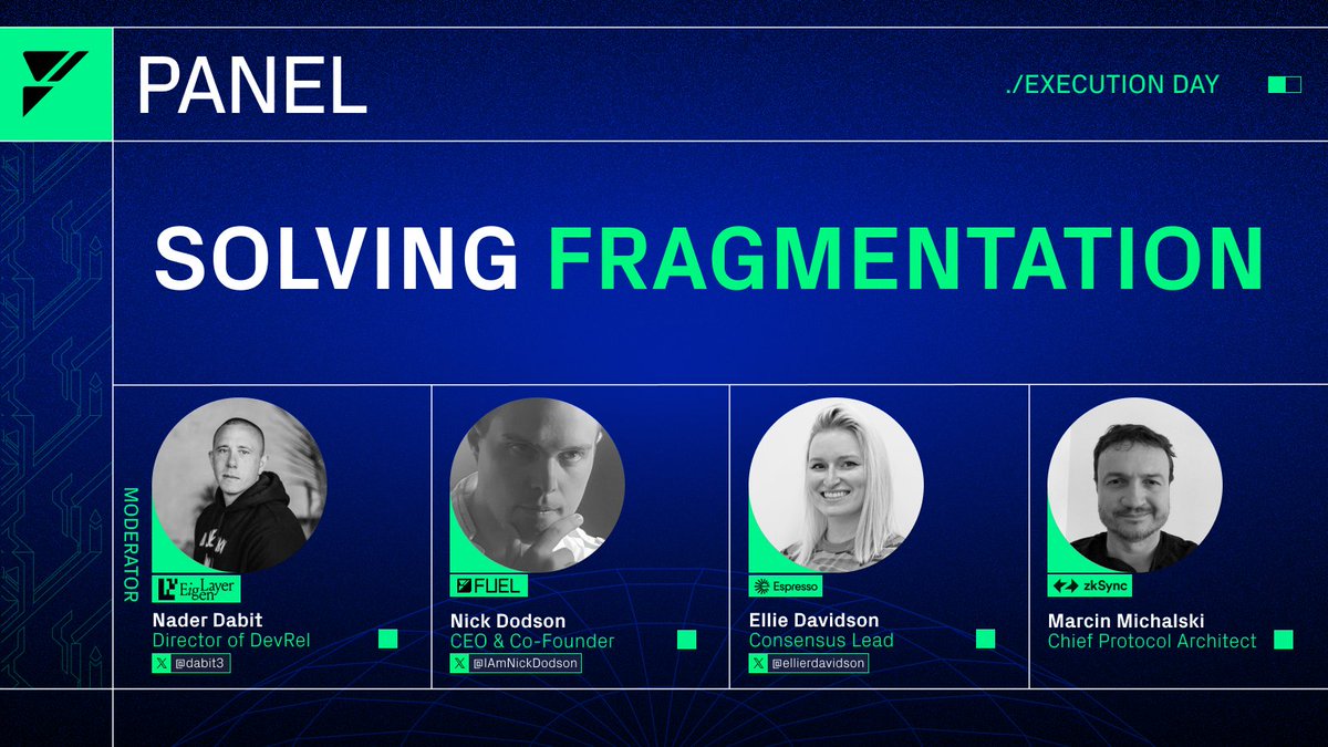 Execution Day tomorrow. 🎤 Topic: ‘Solving Fragmentation’ 🔎 Who: @IAmNickDodson from Fuel Labs @ellierdavidson from @EspressoSys Marvin Michalski from @zksync Moderated by @dabit3 from @eigenlayer Last day to RSVP: lu.ma/l88uka4g