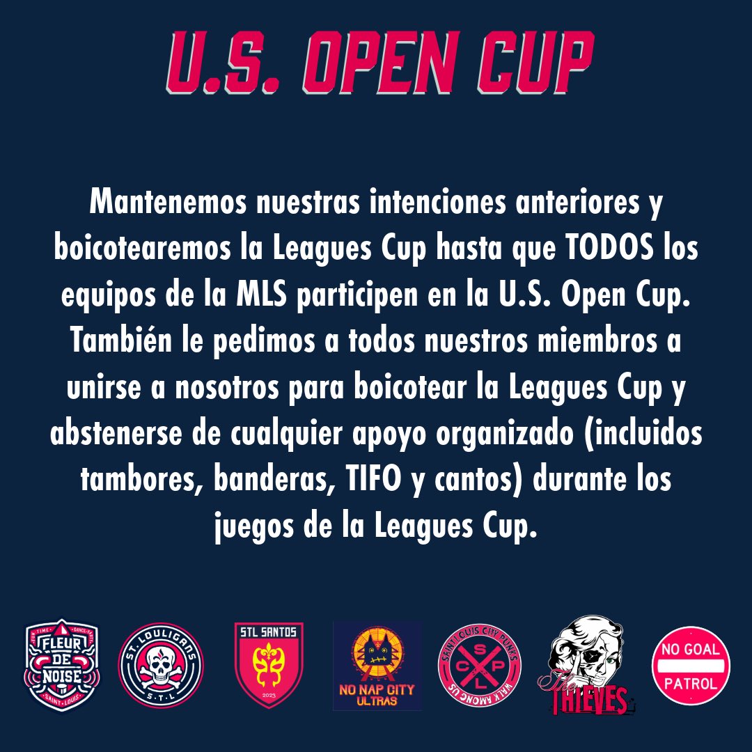 fleurdenoise's tweet photo. Throwing away 100+ years of history for a quick buck is not something we will be silent about. The Open Cup means too much to soccer in America and soccer in St. Louis. We stand by our previous statements and will move forward with our boycott of Leagues Cup.
#RespectOpenCup https://t.co/vnrb6an9L7