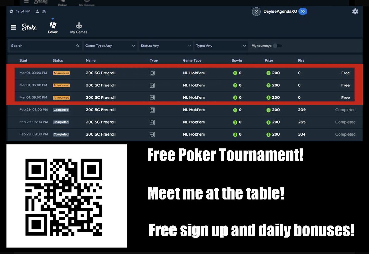 join me on Stake US for a FREE poker tournament and the chance at a $200 prize pool! 

Sign up is FREE and you get a daily bonus of 10,000 gold coins and $1 stake cash! 

Scan the QR code or click this link to sign up! stake.us/?c=52c39b5cfe