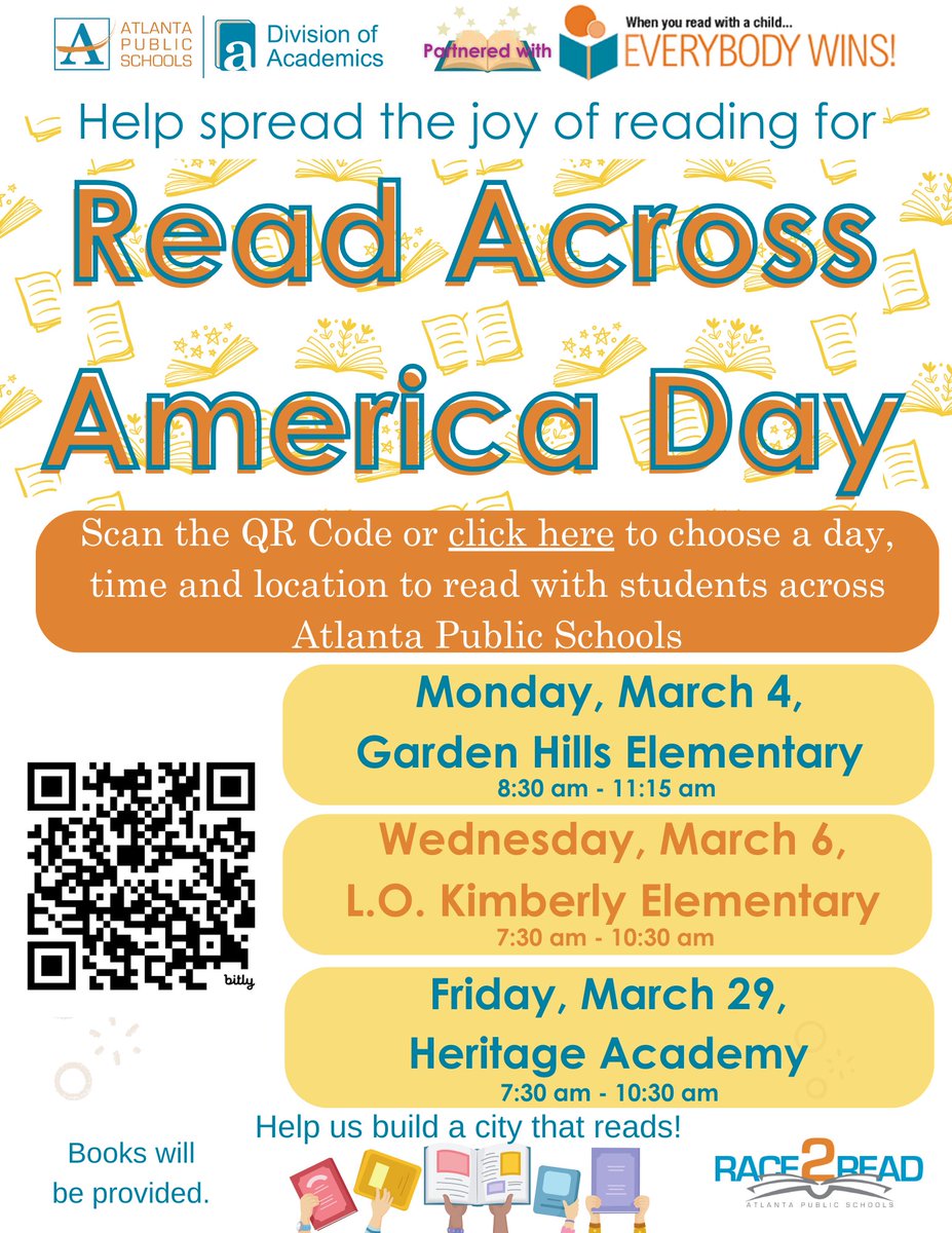 APSMediaServ's tweet photo. ๐บ๐ธHappy #ReadAcrossAmericaDay!! Help us spread the #LoveofReading with students across #AtlantaPublicSchools with @EverybodyWinsGA as we #buildacitythatreads! ๐๐ https://t.co/WD6LYmtZZD