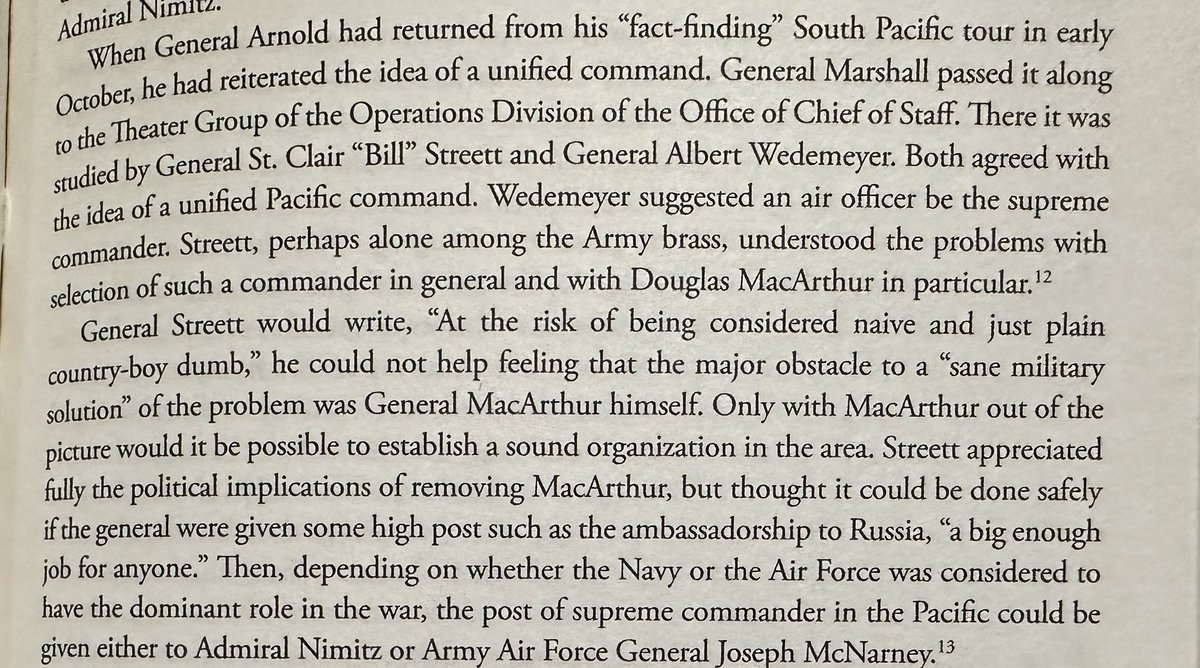 Love the clarity during the evaluation of a unified commander in the Pacifc, MacArthur was the biggest impediment to it all. Unfortunately Arnold and Marshall liked him. P. 275 of Jeffrey Cox’s Blazing Star, Setting Sun. #toxicleadership