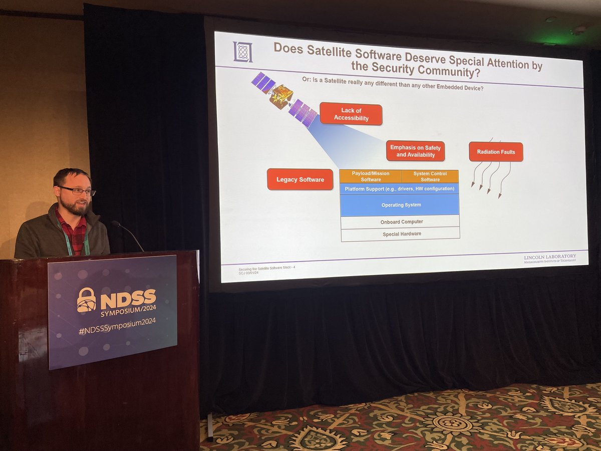 SpaceSec (@spacesecndss) on Twitter photo Our last talk before lunch is by Samuel Jero from <a href="/MITLL/">Lincoln Laboratory</a>. He is leading with a call to arms for the security community about securing the software stack on satellites. #spacesec24 Our last talk before lunch is by Samuel Jero from <a href="/MITLL/">Lincoln Laboratory</a>. He is leading with a call to arms for the security community about securing the software stack on satellites. #spacesec24