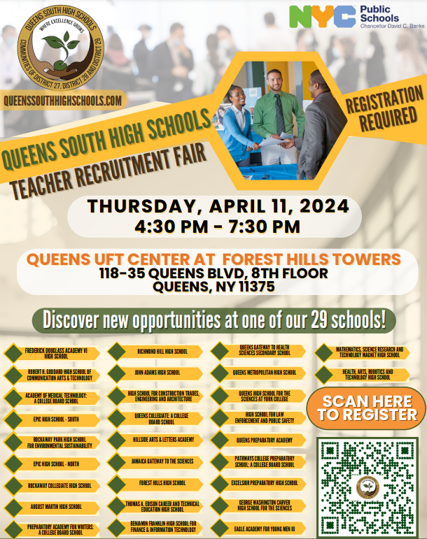QSHSDISTRICT's tweet photo. We are excited to extend a warm invitation to you to our upcoming Queens South High Schools Teacher Recruitment Fair. 
To attend, please register at this link https://t.co/pFe1B056qU. https://t.co/8qE9hlseqp