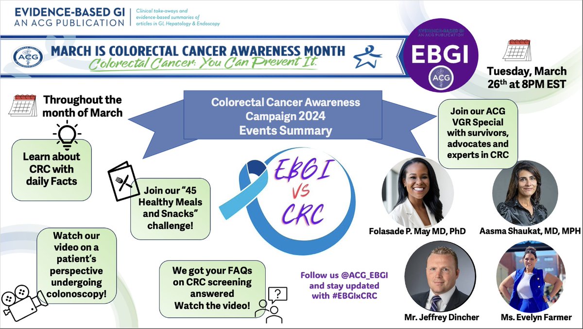 📣Today marks the start of #ColorectalCancerAwarenessMonth! Join us as we talk about prevention, screening and raising awareness w/ our #EBGIxCRC campaign with various events👇 Register here for the ACG VGR special on 3/26 bit.ly/49CWjYS 🎙️🌟