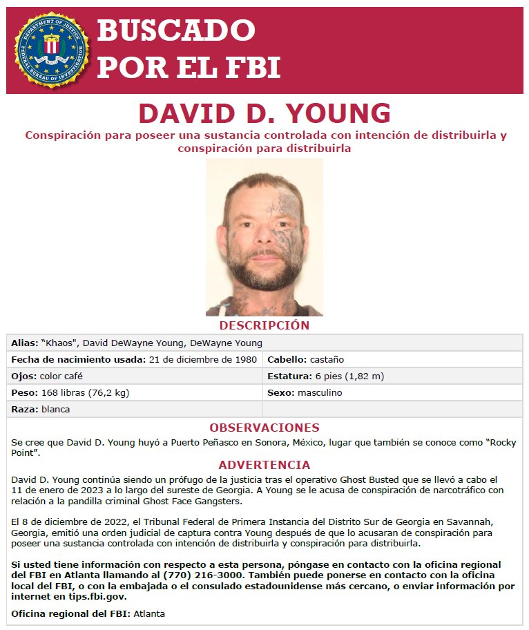 miFBIDenver's tweet photo. SE BUSCA: Nuestros colegas de #FBIAtlanta creen que el fugitivo David Young alias "Khaos" pudiera estar escondido en Puerto Peñasco, Sonora, Mexico o en el área de Phoenix, AZ. Reporte toda pista en https://t.co/Nt1QDBEQ2S. Más detalles en: https://t.co/1GvD8INWzb. https://t.co/3Dja5mth25