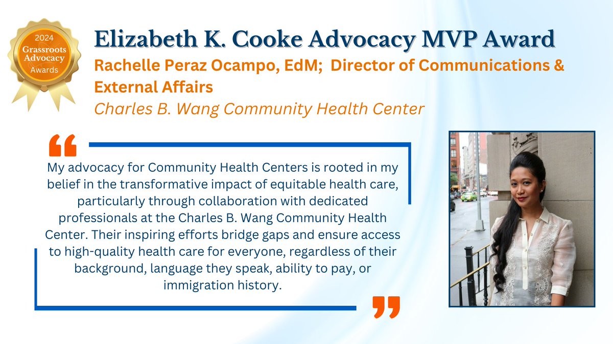 Congratulations to our 2024 Grassroots Advocacy Award Recipients! Rachelle Perez Ocampo of Charles B. Wang Community Health Center (NY) is a recipient of the Elizabeth K. Cooke Advocacy MVP Award. 🏆👏 <a href="/CBWCHC/">CBWCHC</a> #ValueCHCs