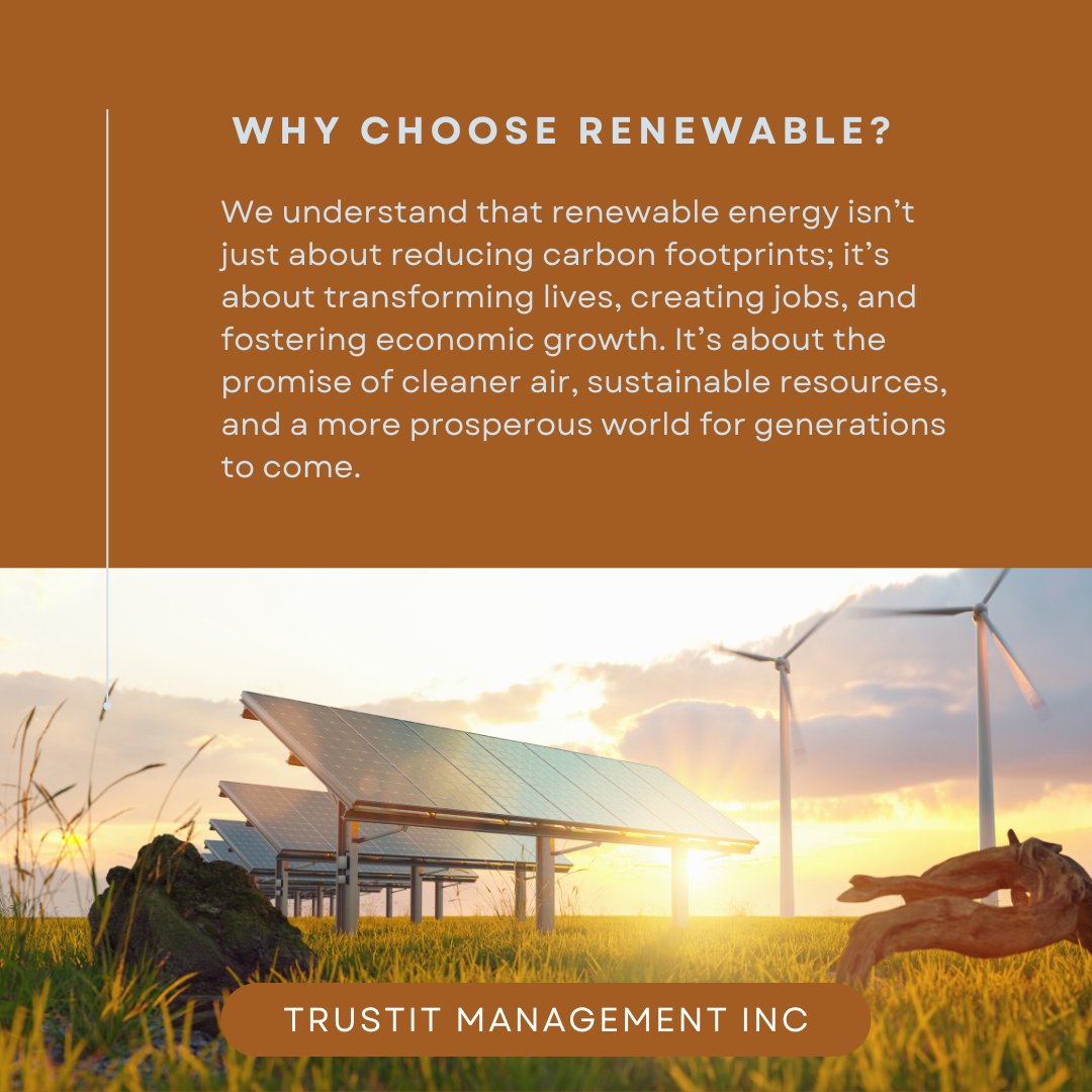 At Trustit Management Inc, we're scaling renewable solutions. We believe in the power of informed choices, and that’s why we take the time to answer questions, address concerns, and ensure consumers know all the benefits of client's solutions! 

#RenewableEnergySolutions