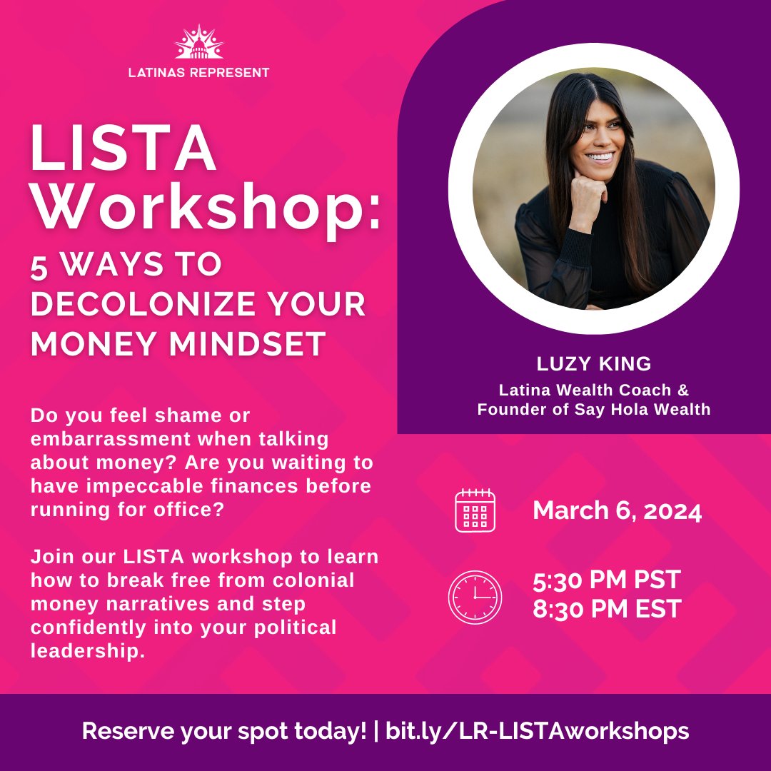 If you are a Latina or an ally preparing to launch a campaign and you have a complicated relationship with money, we have a LISTA workshop for you! Register today to secure your spot and access the recording: bit.ly/LR-LISTAworksh… Space is limited!