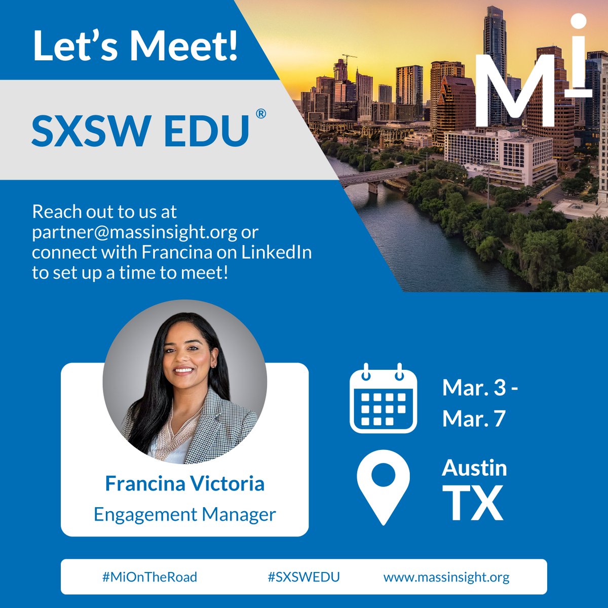 We'll be attending <a href="/SXSWEDU/">SXSW EDU</a> next week. If you'll be there too, we'd love to connect! Reach out to us at partner@massinsight.org to set up a time to meet. #SXSWEDU #MiOnTheRoad