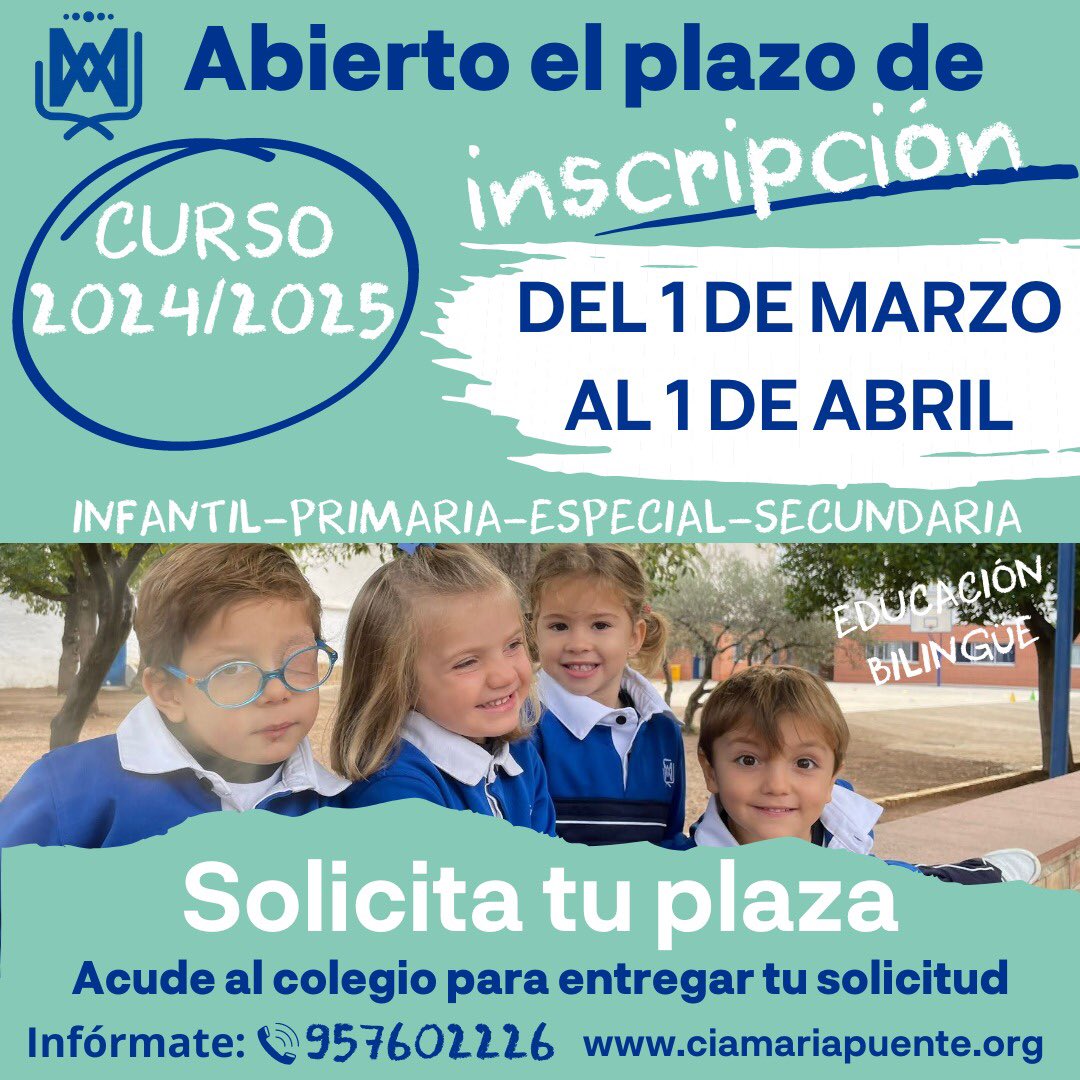 ¡ABIERTO EL PLAZO DE INSCRIPCIÓN! Del 1 de marzo al 1 de abril  ¡SOLICITA TU PLAZA!
📞957602226 
#educacioninfantil #educacionprimaria #educacionsecundaria #educacionespecial #educacionbilingüe  @ciamariapuente @cmariaeducacion #familiaescuela #creAccion