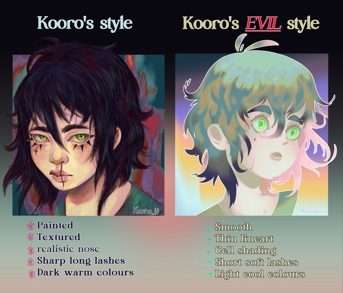 Kooro_H's tweet image. I was gone for a while, guh.
But now I had time to make this!
Evil art style challenge and boy was it.
