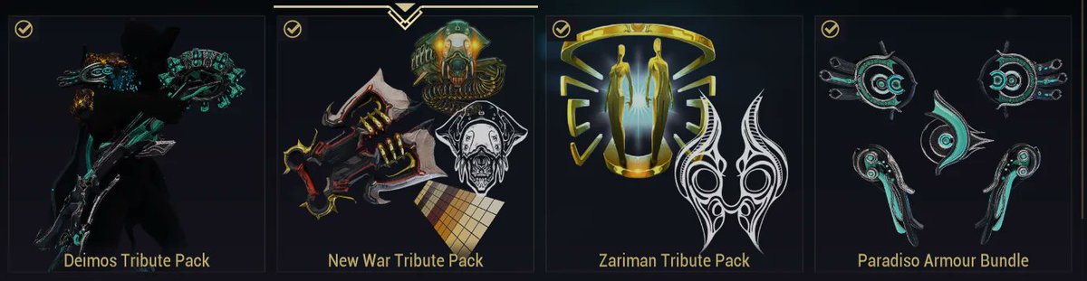 MuraCasardis's tweet photo. No way. They finally brought back premium Supporter Packs, now called Tribute Packs... FOR PLATINUM!!!

Seriously, if you got the plat, the Deimos one has one of the best universal skins for shotty &amp; pistols.

Now, if you'll excuse me, I'll go ahead &amp; get more Carrion drones. https://t.co/2J5ANbTa0z