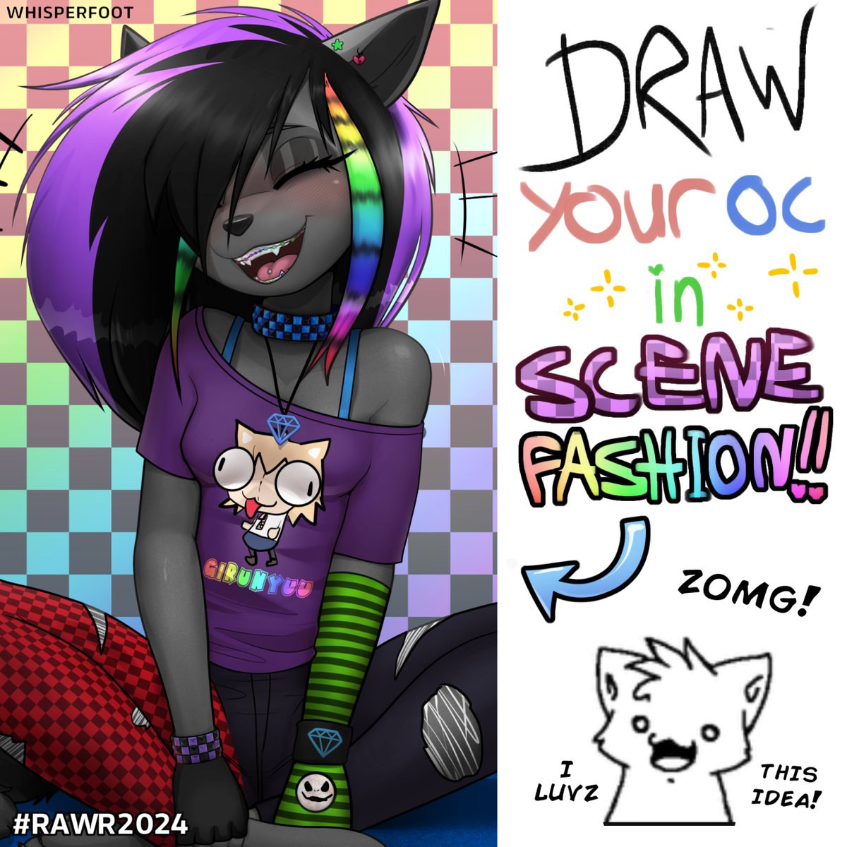 whisperfootSFW's tweet photo. Its about time Scene makes a comeback! The waffles demand it (/^-^)/ Use the tag #rawr2024 so we can all see your cute OCs in scene style! \o/⁠ 

I'll post some starter packs soon for reference/ideas O⁠_⁠o

And remember, rawr means I love you in dinosaur =^_^= https://t.co/uN4IhlMRED