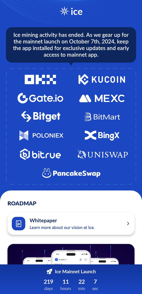 ErigaOfficial's tweet image. &quot;🚀 Update your ICE app now! ⏰ Only 219 days left until the mainnet date. Don&apos;t miss out on the latest developments! #ICE #MainnetCountdown&quot;