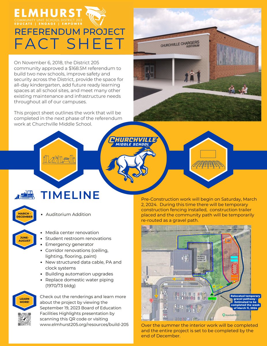 Exciting News! 🎉🚧

Pre-Construction work at <a href="/ChurchvilleD205/">Churchville MS</a> will begin on Sat, March 2, 2024. During this time there will be temporary construction fencing installed, construction trailer placed and the community path will be temporarily re-routed as a gravel path. #WeAreD205