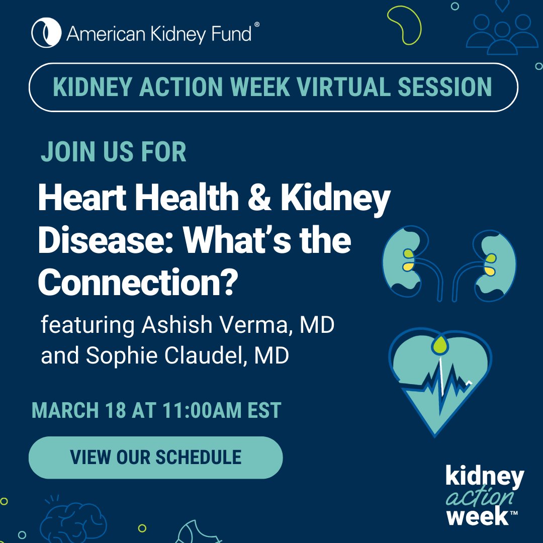 🖥️ Join our #KidneyActionWeek session, Heart Health and Kidney Disease: What’s The Connection? on Mon. March 18 at 11AM EST learn more about the connection, identify risk factors for CKM syndrome and hear tips for how to talk to your doctor. Register: bit.ly/42QM6Fj