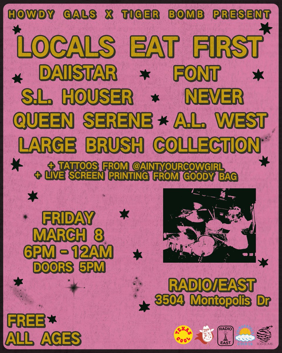 We’re teaming up with our besties at @BookingGals to throw LOCALS EAT FIRST!🍴 𝗙𝗿𝗶 𝟯/𝟴 𝟲𝗽𝗺-𝟭𝟮𝗮𝗺 Radio East (@RadioCoffeeBeer) (𝟯𝟱𝟬𝟰 𝗠𝗼𝗻𝘁𝗼𝗽𝗼𝗹𝗶𝘀 𝗗𝗿) Pregame with us & catch some local talent! +++ screenprinting, tattoos, & drinks! Come say howdy 🤠