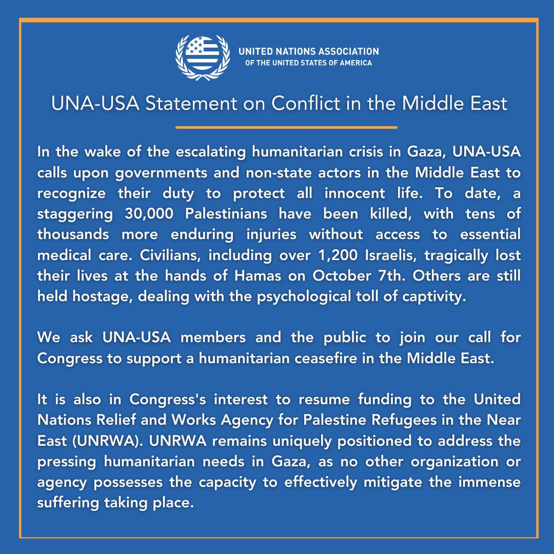 Every message counts 🇺🇳! Join @UNAUSA's call for a ceasefire in the Middle East & funding for UNRWA. UNA-USA's goal is to send at least 3,000 messages to Congress, urging for aid and action for those in need. ACT NOW: unausa.org/advocacy/unrwa… #USAforUN