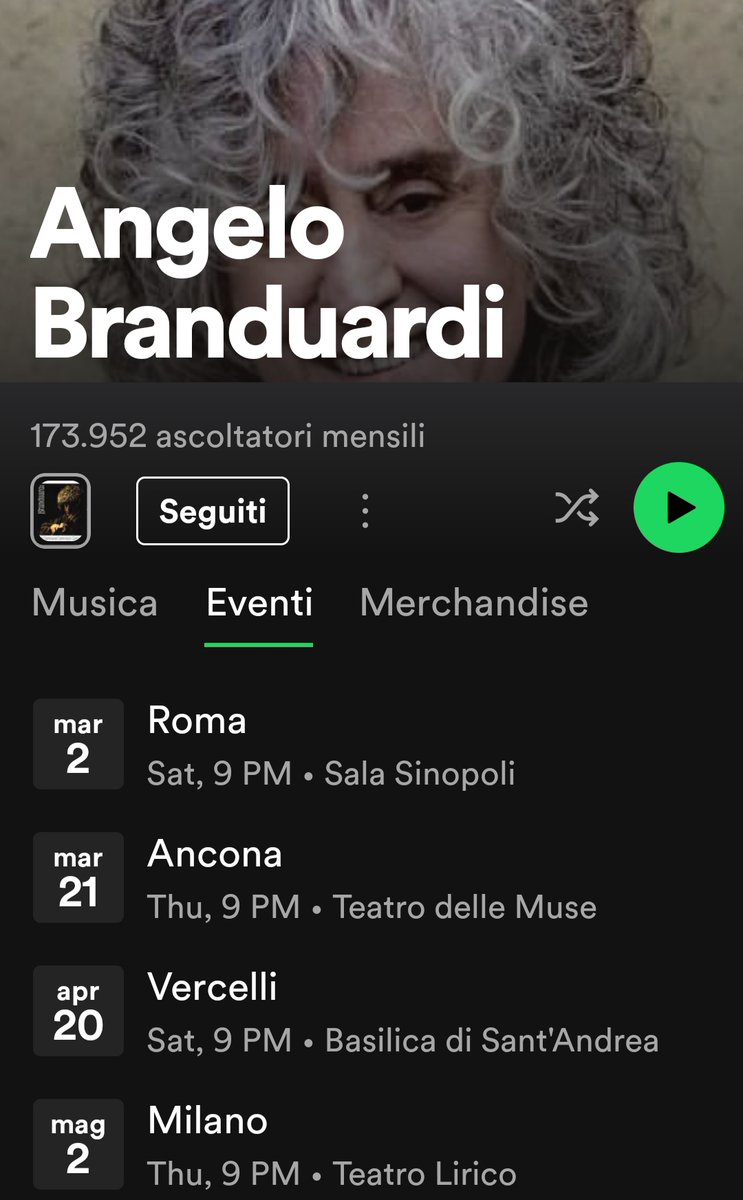 Novità importantissima! Da pochi giorni le date dei concerti sono disponibili (con aggiornamenti in tempo reale) anche sul profilo Spotify di Angelo Branduardi.     open.spotify.com/artist/3qlU3Ny…