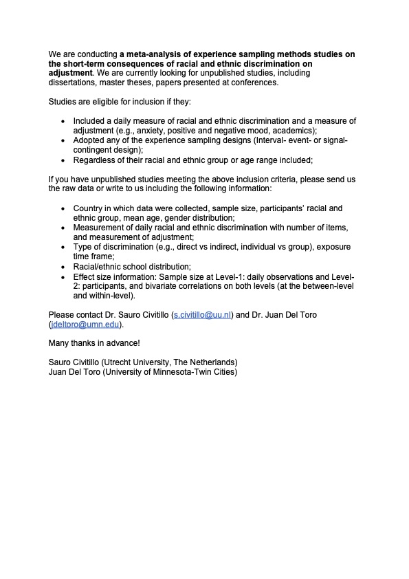 🚨 Please share/RT this call for unpublished studies to be included in a meta-analysis of experience sampling method studies on the short-term consequences of racial and ethnic discrimination!