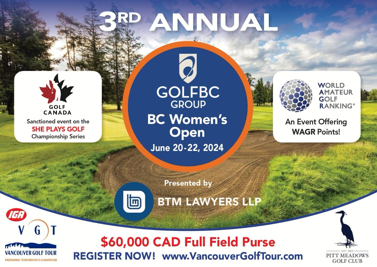 DETAILS ANNOUNCED!! 🔥🔥🔥
2024 @GolfBC
BC Women’s Open
Pres. by <a href="/btmlawyers/">BTM Lawyers LLP</a>
⛳️ June 20-22
⛳️ <a href="/PittMeadowsGolf/">Pitt Meadows Golf Club</a>
💰 $60k Purse
⛳️$15k to 🏆
⛳️ Part of <a href="/VanGolfTour/">Vancouver Golf Tour</a> &amp; the <a href="/GolfCanada/">Golf Canada</a> She Plays Golf Series
⛳️ 2 exemptions to '24 <a href="/cpkcwomensopen/">CPKC Women's Open</a> 🇨🇦
ENTRY: golfhub.golfgenius.com/events/7e469f9…