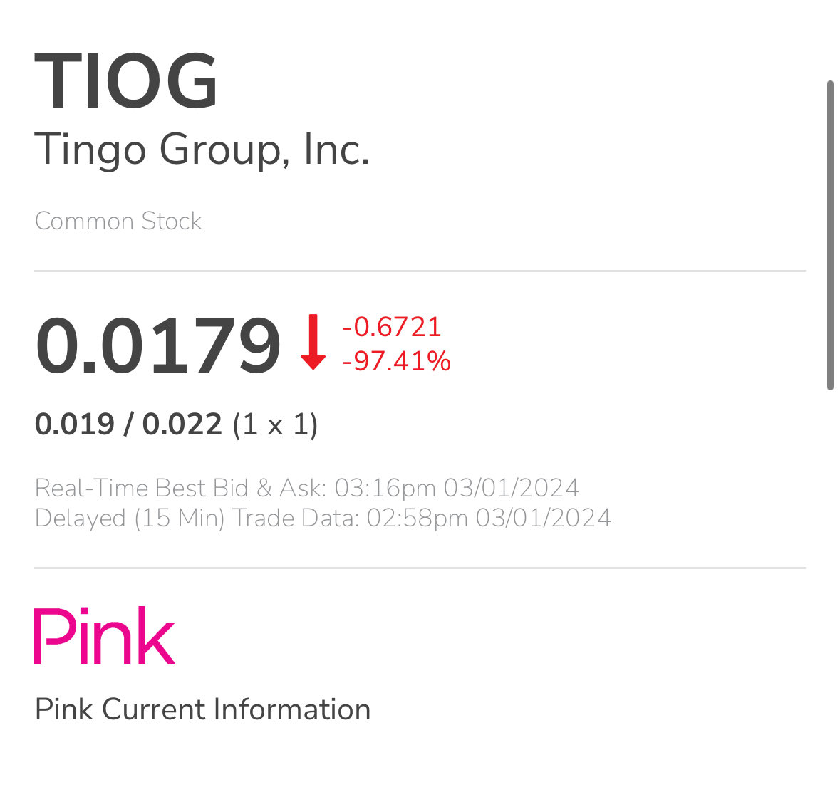 After a 3.5 month trading halt, Tingo Group was delisted from the Nasdaq exchange today and began trading on the OTC pink sheets. The stock plummeted over 97%. Time will tell if Deloitte faces any liability for damages over its audit failure.