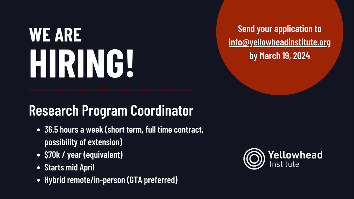 Join our team! We are looking for a Research Program Coordinator to support the day-to-day operations of Yellowhead's research program. More details and how to apply here: yellowheadinstitute.org/work-with-us/