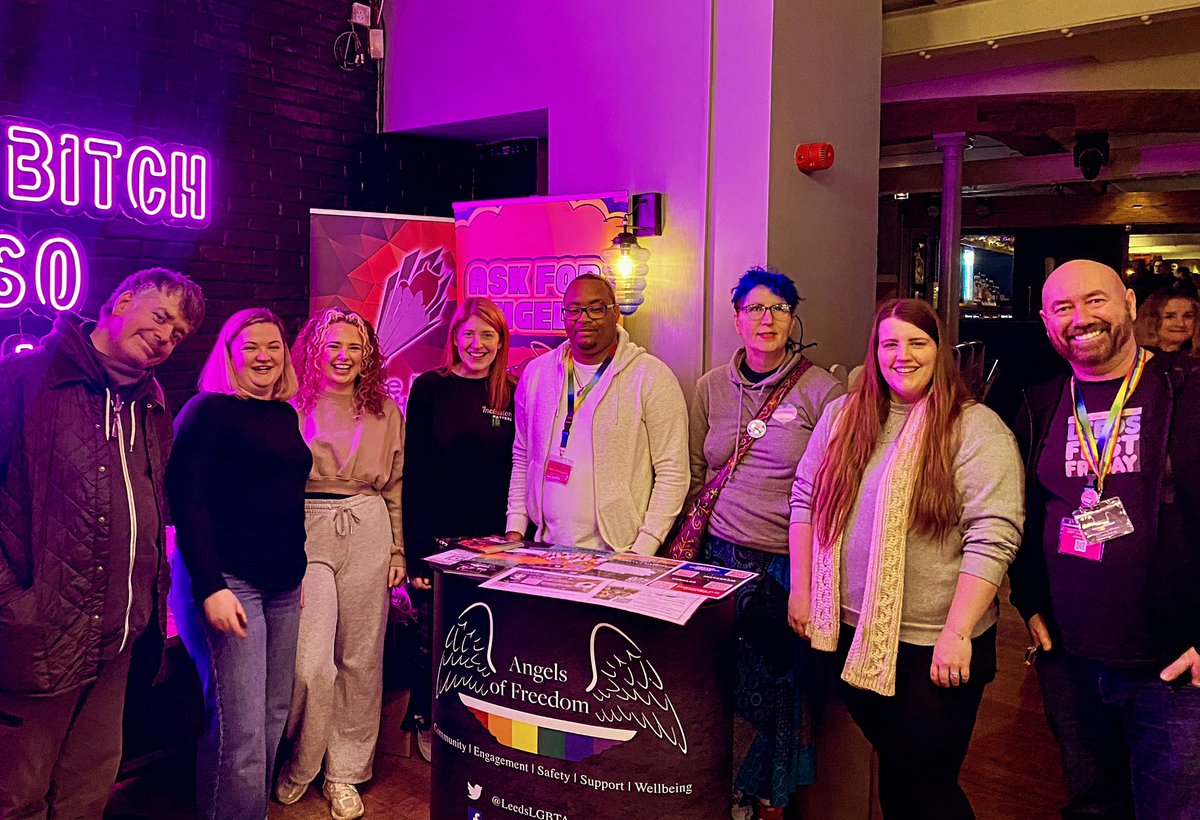 Our Angels of Freedom volunteers this evening ❤️ You’ll find them out on the Lower Briggate & Call Lane areas until 11pm for #LeedsFirstFriday supported by @LeedsBS LGBT+/EDI staff 🖖🏼 #BeSafeFeelSafe #AskForAngelaLeeds #NightSafeLeeds