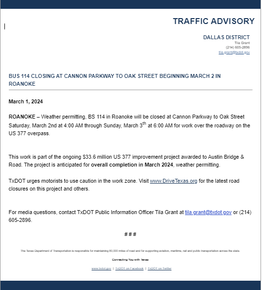 BUSINESS 114 CLOSING AT CANNON PARKWAY TO OAK STREET BEGINNING MARCH 2ND IN ROANOKE