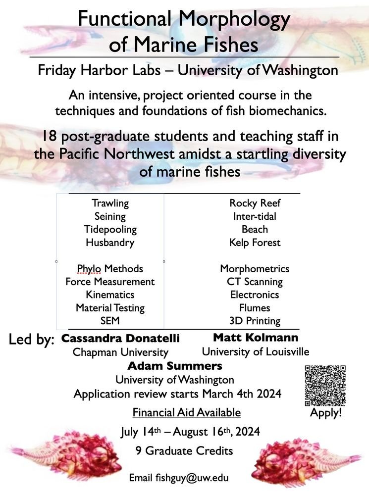 Deadline for applications for the summer fish biomechanics course is just 3 days away. If 5 weeks, 9 graduate credits, the San Juan Islands, 100's of fishes and many great instructors sounds like your thing...apply now. Financial aid and it is 1st come 1st served. pls r/t