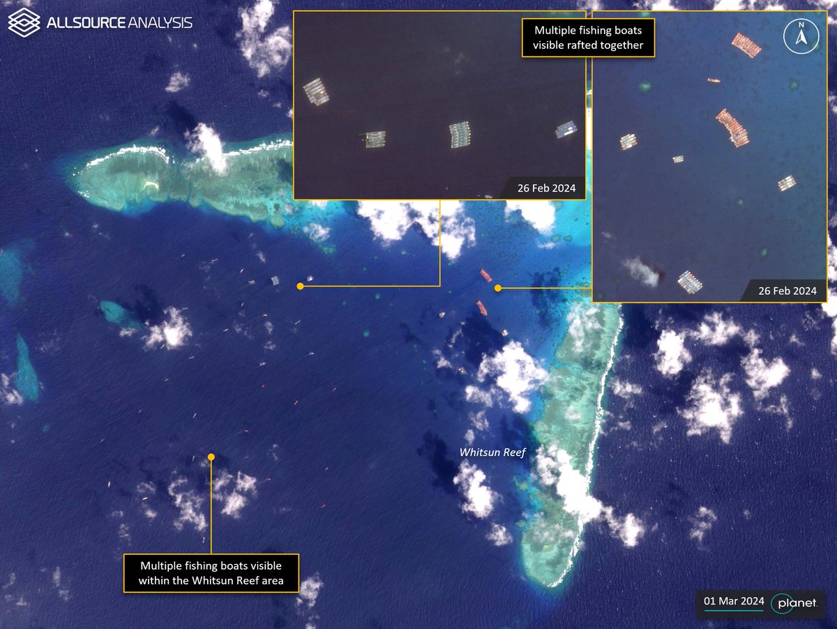 GEOINT analysis along with AIS data reveals multiple Chinse fishing vessels gathered at the Whitsun Reef area of the South China Sea. bit.ly/2oeCGCj #GEOINT #SouthChinaSea #WhitsunReef #China #Philippines